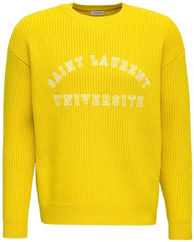 Saint Laurent Ribbed Wool Jumper With Logo Print - Yellow