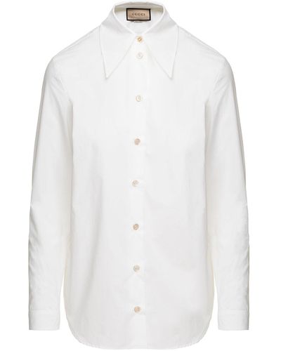 Gucci Shirt With Oversized Pointed Collar And Logo Detail In Cotton - White