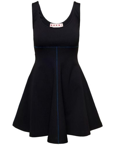 Marni Mini Black Flared Dress With Contrasting Stitching In Stretch Fabbric