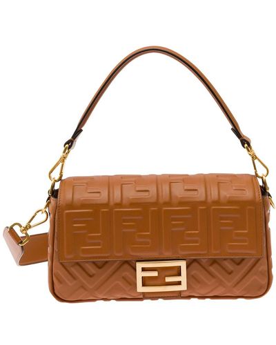 Fendi 'medium Baguette' Shoulder Bag With Ff Closure In Embossed Ff Motif Leather - Brown