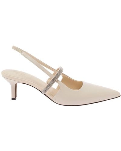 Brunello Cucinelli Ivory Slingback Pumps With Monile Strap - Natural