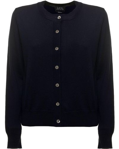 A.P.C. 'marine' E Cardigan With Mother-of-pearl Buttons In Wool - Blue