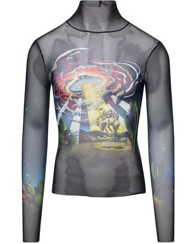 Casablancabrand Black Long Sleeved Top With Graphic Print In Mesh Man - Blue