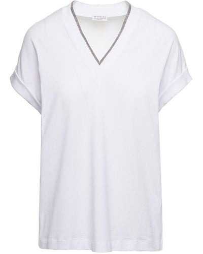 Brunello Cucinelli T-shirt con dettaglio monile e scollo a v in cotone stretch donna - Bianco