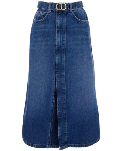 Twin Set Denim Midi Skirt With Blet - Blue