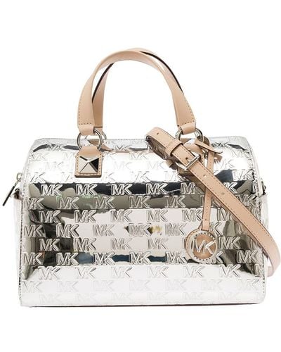 MICHAEL Michael Kors 'medium Grayson' Silver Satchel Bag With All-over Embossed Logo In Patent - Metallic