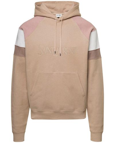 Saint Laurent Beige Hoodie With Tonal Logo Embroidery In Cotton Man - Natural