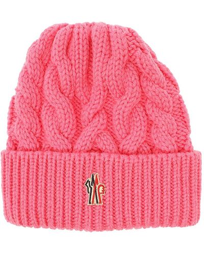 3 MONCLER GRENOBLE Pink Cable-knit Beanie With Logo Patch In Wool