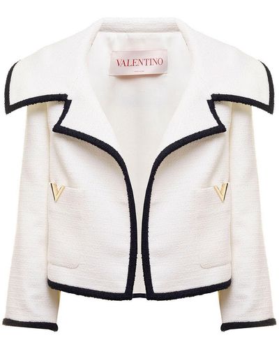Valentino Woman's Black And Cotton Tweed Blazer With Logo - White