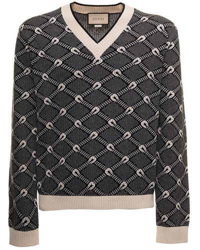 Gucci Blue Sweater In Knitted Cotton And Wool With Horseshoes Jacquard Pattern - Black