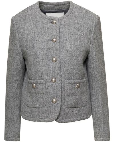 DUNST Classic Tweed Jacket With Round Neck And Branded Buttons In Wool Blend - Gray