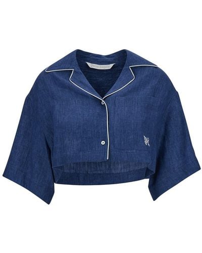 Palm Angels Cropped Shirt With Embroidered Logo - Blue