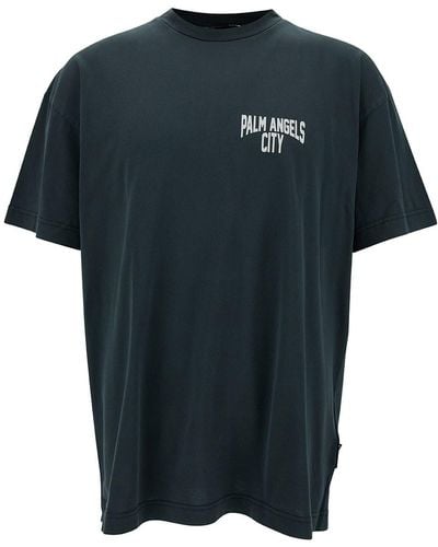 Palm Angels Crewneck T-Shirt With City Print - Black