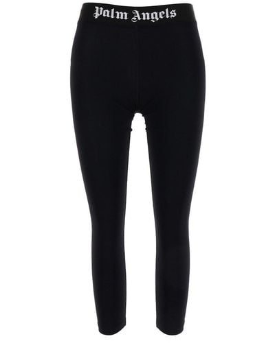 Palm Angels Cropped Leggings With Logo Waistband - Black