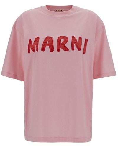 Marni Pink Crewneck T-shirt With Logo Print In Cotton Woman