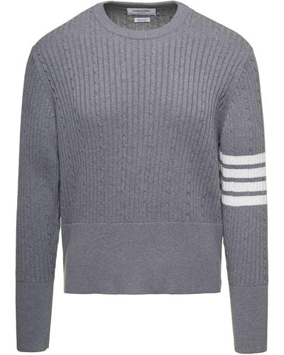 Thom Browne Cable-Knit Sweater With Signature 4 Bar Detailing - Gray