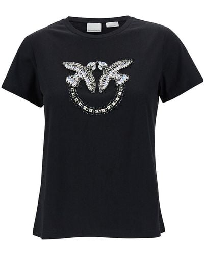 Pinko Crewneck T-Shirt With Rhinestone Love Birds - Black