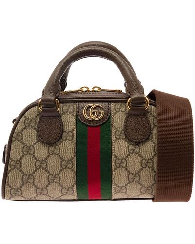 Gucci 'ophidia gg' Mini Beige And Ebony Handbag With Leather Details And Web In gg Supreme Canvas - Brown