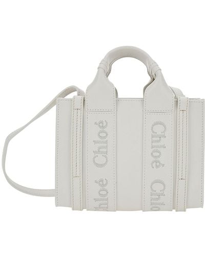 Chloé 'Mini Woody' Handbag With Tonal Logo Embroidery - White
