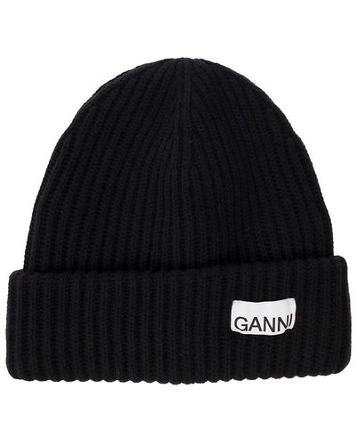 Ganni Beenie With Logo Patch On The Front In Wool Blend - Black