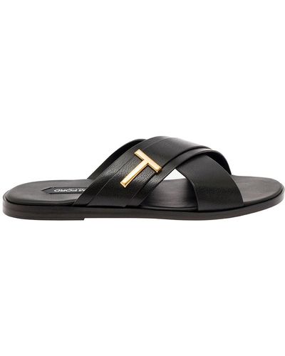 Tom Ford 'Preston' Flat Sandals With T Detail - Black