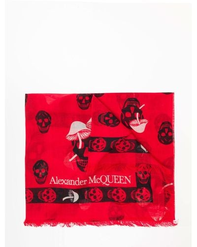 Alexander McQueen Sciarpa Con Motivo Teschi E Funghi All-Over Rossa In - Rosso