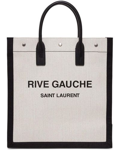 Saint Laurent Shopper rive gauche north south in lino stampato e pelle - Bianco