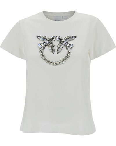 Pinko Crewneck T-Shirt With Rhinestone Love Birds - Grey