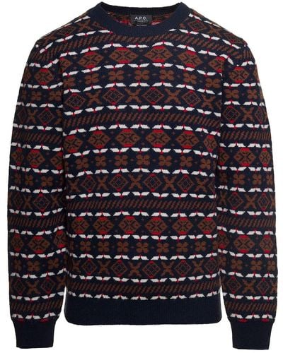 A.P.C. 'john' Multicolor Crewneck Sweater With Intarsia Knit In Wool Man - Blue
