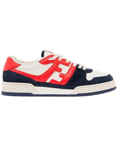 Fendi 'match' Blue And Red Color-block Low-top Sneakers In Suede Man