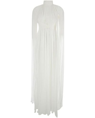 Alberta Ferretti Long Pleated Dress With Criss-Cross Detail - White