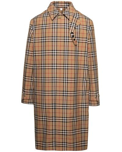 Burberry Brookvale Beige Coat With All-over Vintage Check Motif In Cotton Blend - Natural