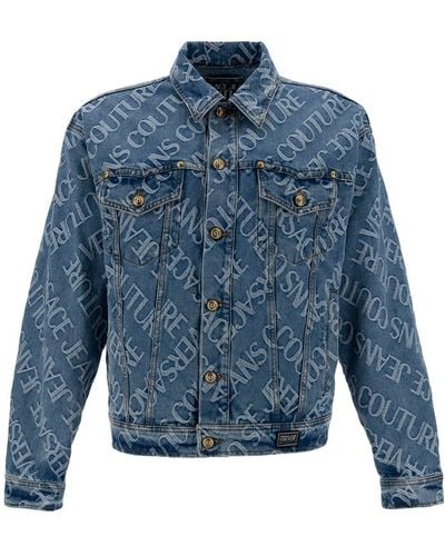 Versace Light Blue Jacket With Branded Buttons And All-over Logo Print In Stretch Cotton Denim