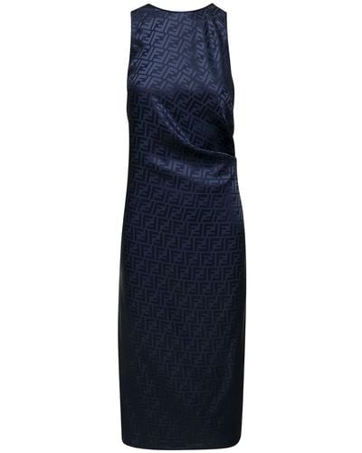 Fendi And Midi Dress With Asymmetric Fastening And All-Over - Blue