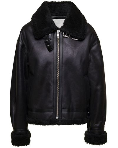 DUNST Loose Fit Jacket With Shearling Trim In Faux Leather - Black