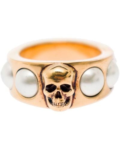 Alexander McQueen Pearl And Skull Ring - Metallic