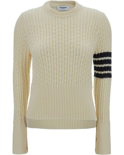 Thom Browne Knit Pullover With 4 Bar Detail - Natural