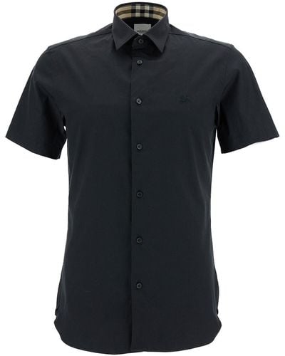 Burberry Short Sleeve Shirt With Equestrian Knight Embroidery In - Black