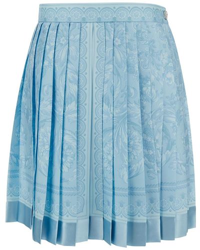 Versace Mini Light Pleated Skirt With Tonal Barocco Print - Blue