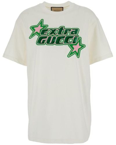 Gucci T-Shirt Girocollo Con Stampa Logo Frontale Bianca - Verde