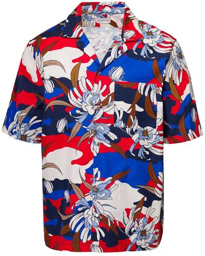 Moncler Bowling Shirt With All-over Floreal Print In Cotton Man - Blue
