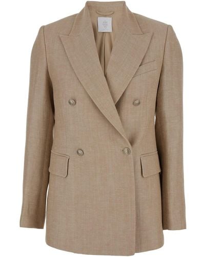 Eleventy Beige Double-breasted Jacket With Jewel Buttons In Wool And Linen Woman - Natural