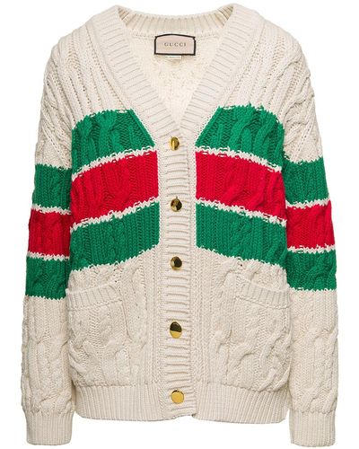 Gucci Knitted Cardigan With Web Detail In Cotton - Blue