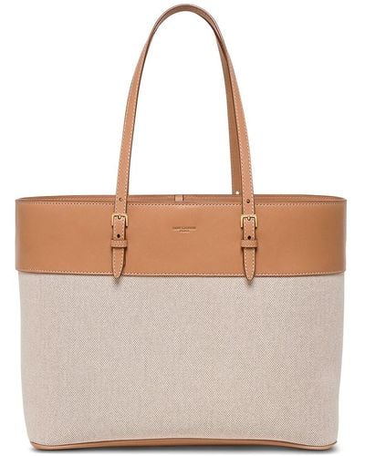 Saint Laurent Leather And Fabric Shopper Bag With Logo - Natural