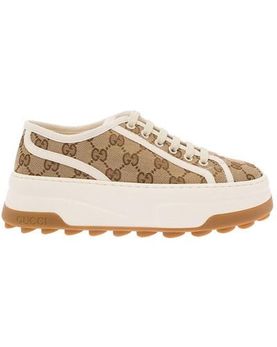 Gucci And Ebony Low Top Sneakers With Interlocking G Detail - Natural