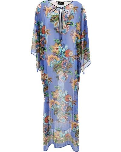 Etro Long Kaftan With Bouquet-Inspired Print - Blue