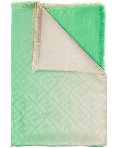 Fendi Shawl With Gradient-effect Ff Motif And Fringed Edges In Silk And Wool Blend - Green
