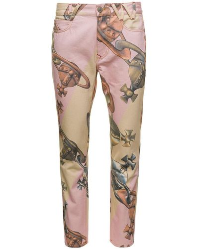 Vivienne Westwood Tapered Classic Trousers With All-over Orb Graphic Print In Pink Cotton Man