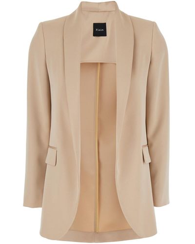 Plain Open Jacket With Shawl Neckline - Natural