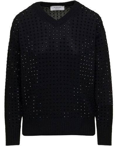 Sportmax Sweater With V Neckline And All-Over Rhinestone - Black